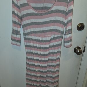 Motherhood Maternity Long Sleeve Dress in Pink and Gray Stripes